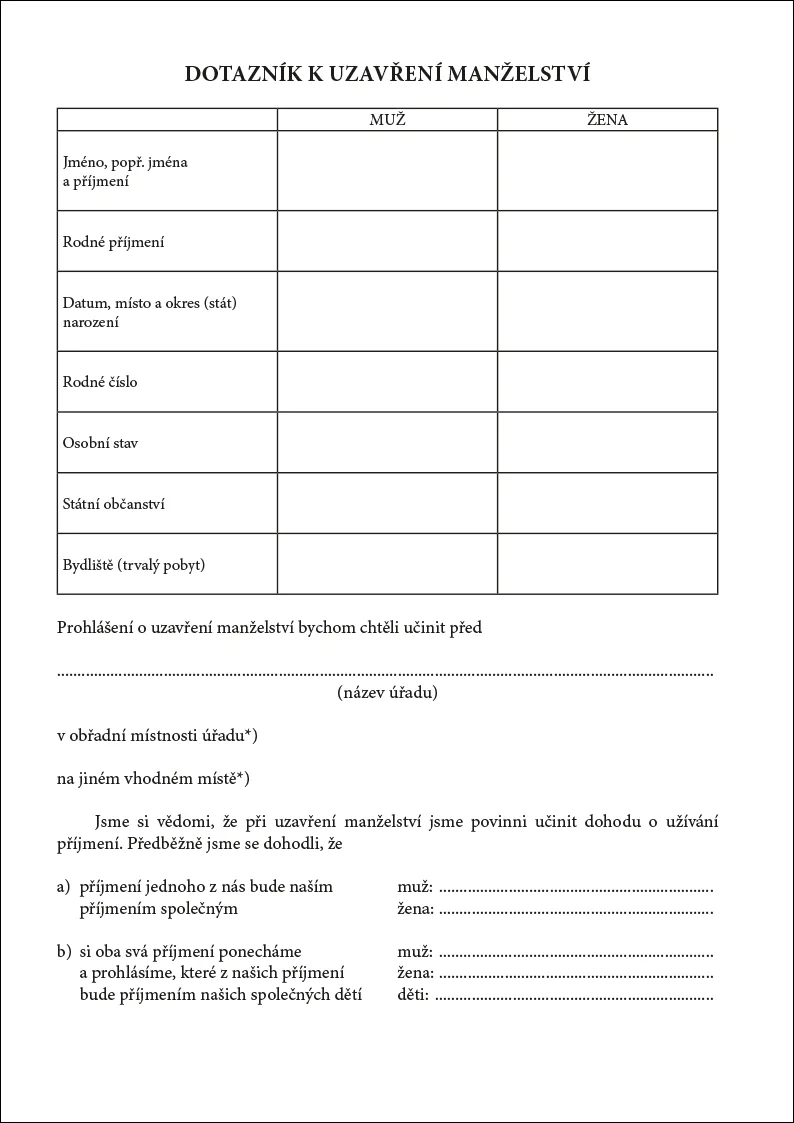 Dotazník k uzavření manželství